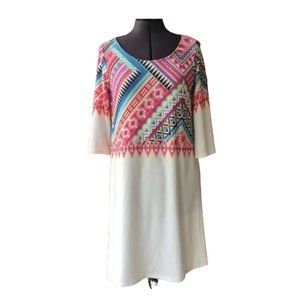 12PM by Mon Ami Dress White Multi-Color Tribal Print Scoop-Neck 3/4-Sleeve M